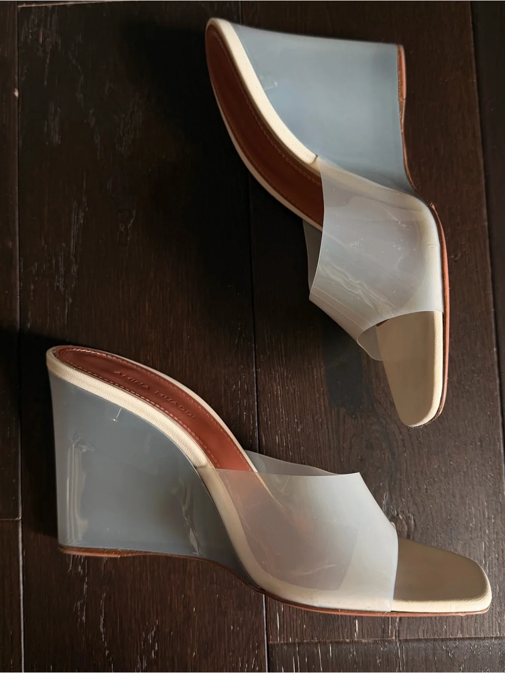 Amina Muaddi Clear Wedge Heel in Milky Off-White